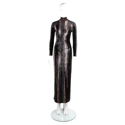 Pre-owned Versace Gianni  F/w 1993 Black & Bronze Striped Velvet Mock Neck Maxi Dress