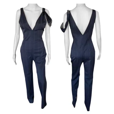 Pre-owned Versace Gianni  F/w 1998 Vintage Pinstriped Plunging Open Back Jumpsuit In Black