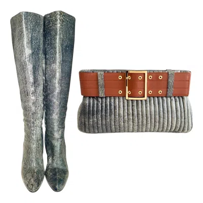 Pre-owned Versace Gianni  Fw 2001 Demin Style Distressed Leather Clutch Bag & Boots Set In Gray