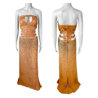 Pre-owned Versace Gianni  F/w 2001 Runway Leather Corset Bandage Crystal Sheer Dress Gown In Brown