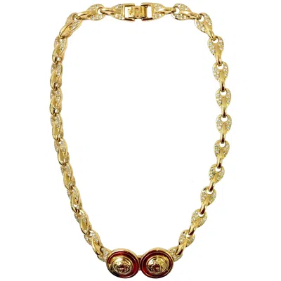 Pre-owned Versace Gianni  Gold Double Medusa Head Necklace With Rhinestones, 1990s In Multi