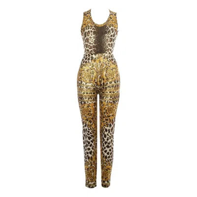Pre-owned Versace Gianni  Gold Leopard Printed Bodysuit And Pants, Ss 1992 In Brown