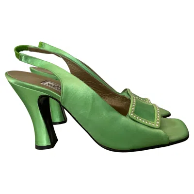 Pre-owned Versace Gianni  Green Satin Slingbacks 1996 Collection Runway