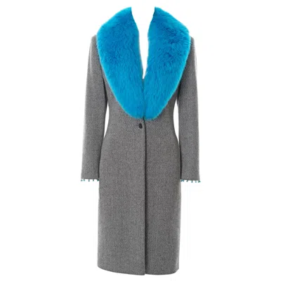 Pre-owned Versace Gianni  Herringbone Tweed Coat With Blue Fox Fur Collar, Fw 1999