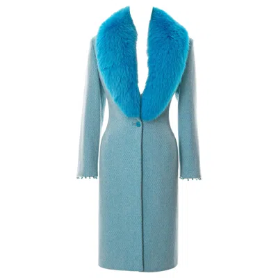 Pre-owned Versace Gianni  Herringbone Tweed Coat With Blue Fox Fur Collar, Fw 1999