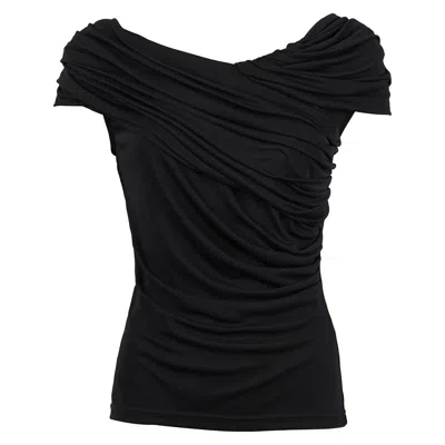 Pre-owned Versace Gianni  Late 1980s Black Draped Rayon Jersey Asymmetric Bateau Neck Top
