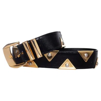 Pre-owned Versace Gianni , Leather Belt With Gold Triangle Applications In Black