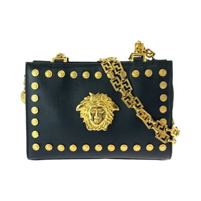 Versace Gianni  Leather Medusa Studs Chain Shoulder Bag In Black