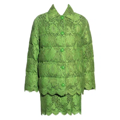 Pre-owned Versace Gianni  Lime Green Lace Goose Down Puffer Jacket And Skirt Set, Fw 1996