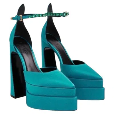 Pre-owned Versace Gianni  Medusa Aevitas Pointy Teal Blue Satin Pumps In Green