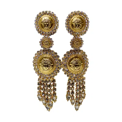Pre-owned Versace Gianni  Medusa Rhinestone Earrings In Brown