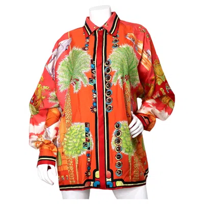 Pre-owned Versace Gianni  Miami Tropical South Beach Print Silk Button-up Shirt Circa 1993 In Orange