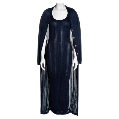 Pre-owned Versace Gianni  Navy Blue Open-knit Bodycon Dress And Cardigan Set, Fw 1993