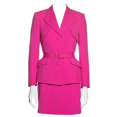 Pre-owned Versace Gianni  Neon Pink Wool Monochromatic Mini Skirt Suit, Fw 1996