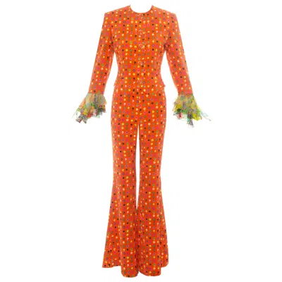 Pre-owned Versace Gianni  Orange Floral Printed Silk Flared Pant Suit, Ss 1993
