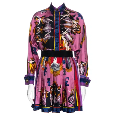 Pre-owned Versace Gianni  Pink Neoclassical Printed Silk Pleated Mini Skirt Suit, Fw 1991