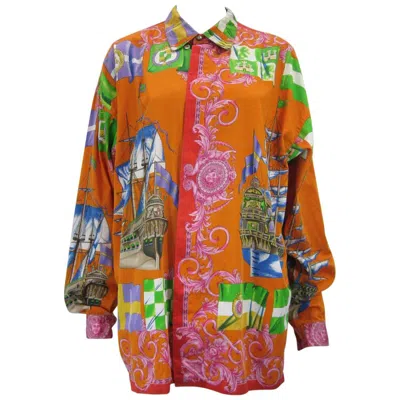 Pre-owned Versace Gianni  Printed Sailboat Suns Motif Shirt In Brown