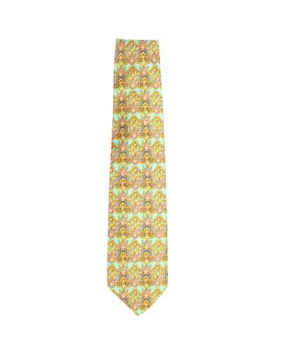 Versace Gianni  Printed Tie In Teal Silk In Yellow