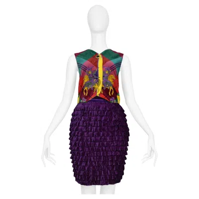 Pre-owned Versace Gianni  Rare Velvet Plaid Equestrian Vest & Ruffle Skirt Ensemble In Black
