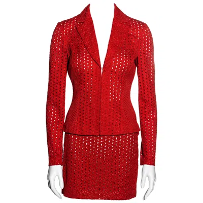 Pre-owned Versace Gianni  Red Cotton Cutwork Mini Skirt Suit, Ss 2002