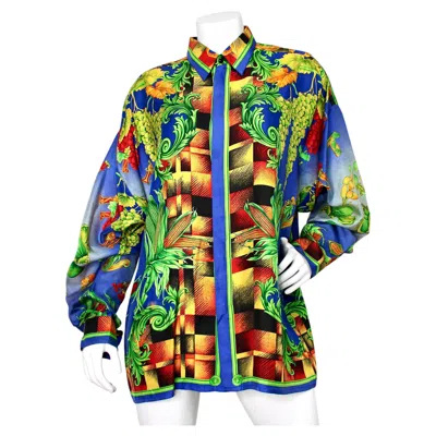 Pre-owned Versace Gianni  Silk Autumn Nature Print Button-up Shirt Circa 1990s In Black