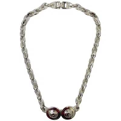 Pre-owned Versace Gianni  Silver Double Medusa Head Necklace With Rhinestones, 1990s
