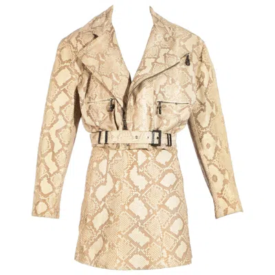 Pre-owned Versace Gianni  Snakeskin Leather Biker Jacket And Mini Skirt Set, Fw 1994 In Sand