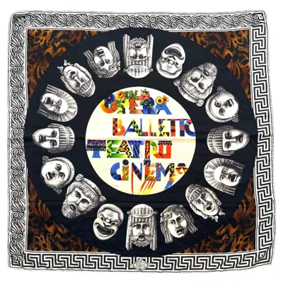 Pre-owned Versace Gianni  Spring 1991 'le Maschere' Greek Print Silk Scarf In Black
