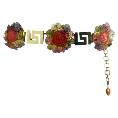 Pre-owned Versace Gianni  Spring 1993 Medusa Multicolor Flower Belt In Brown