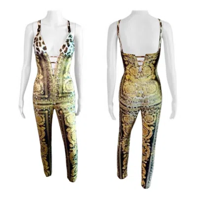 Pre-owned Versace Gianni  S/s 1992 Runway Bustier Embellished Baroque Catsuit Jumpsuit In Sand