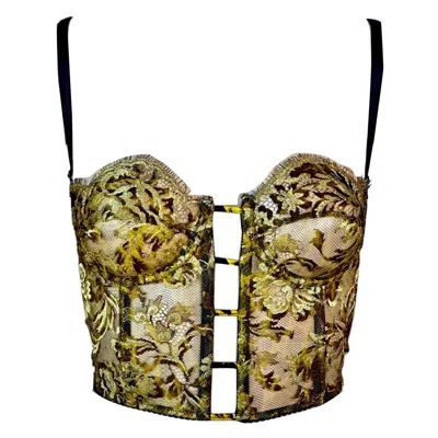 Pre-owned Versace Gianni  S/s 1992 Unworn Sheer Gold Embroidered Lace Bustier Bra Crop Top In Brown