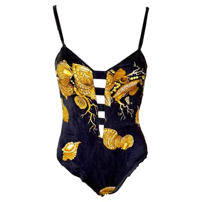 Pre-owned Versace Gianni  S/s 1992 Vintage Plunging Baroque Print Sheer Lace Bodysuit Top In Black