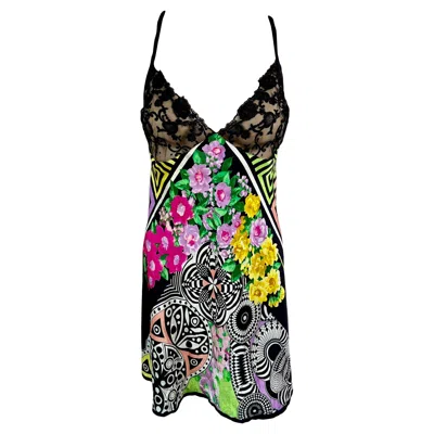 Pre-owned Versace Gianni  S/s 1993 Sheer Lace Bra Floral Print Slip Silk Mini Dress In Black