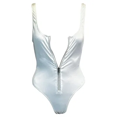 Pre-owned Versace Gianni  S/s 1996 Vintage Crystal Zipper White Bodysuit Swimwear Swimsuit