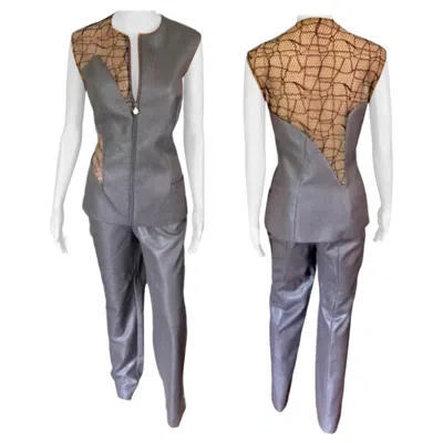 Pre-owned Versace Gianni  S/s 1998 Runway Sheer Cutout Panels Top & Pants Suit 2 Piece Set In Gray
