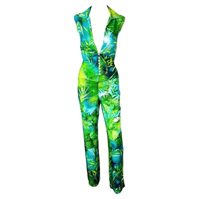 Pre-owned Versace Gianni  S/s 2000 Runway Tropical Palm Print Pants & Blouse 2 Piece Set In Green