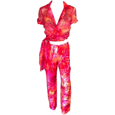 Pre-owned Versace Gianni  S/s 2000 Runway Tropical Palm Print Pants & Blouse 2 Piece Set In Red