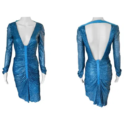 Pre-owned Versace Gianni  S/s 2001 Runway Blue Sequin Embellished Cutout Back Dress Gown