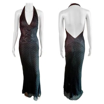 Pre-owned Versace Gianni  S/s 2002 Plunging Backless Semi Sheer Lace Knit Black Dress Gown