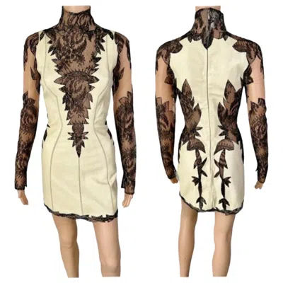 Pre-owned Versace Gianni  S/s 2002 Plunging Leather And Sheer Lace Panels Cutout Mini Dress In Sand