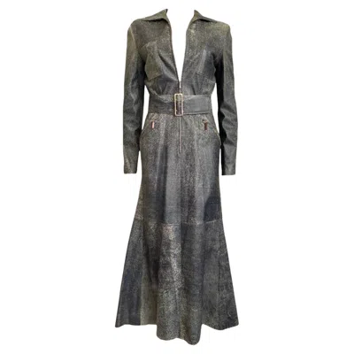 Pre-owned Versace Gianni  Stella's Fw 2001 Demin Style Distressed Leather Gown Dress 42 In Gray