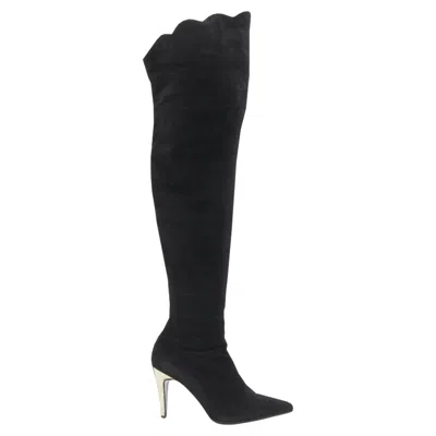 Versace Gianni  Suede Scalloped Topline High Boot In Black