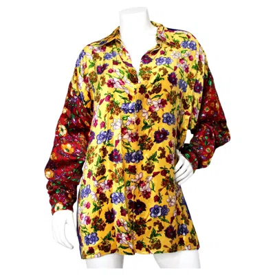 Pre-owned Versace Gianni  Velvet Multicolor Floral Print Button-up Shirt Circa 1990s In Sand