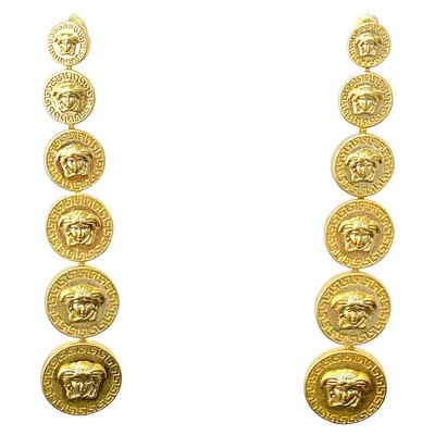Pre-owned Versace Gianni  Vintage 2000s Y2k Gold Logo Medusa Head Dangle Pierced Earrings In Multi