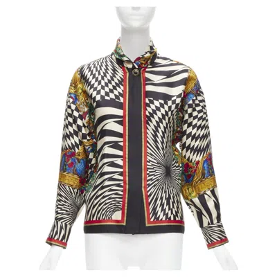 Pre-owned Versace Gianni  Vintage Baroque Royal Optical Graphic Print Collar Shirt It38 Xs In Beige