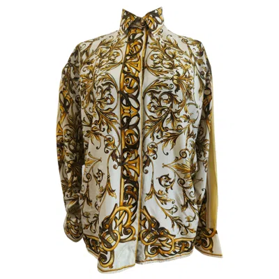 Pre-owned Versace Gianni  Vintage Baroque Silk Shirt Women's Size 42 Circa 1990s In Brown