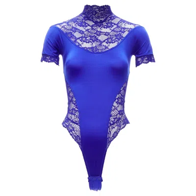 Pre-owned Versace Gianni  Vintage Blue Lace Satin Panels Blue Crystal Body Suit Top