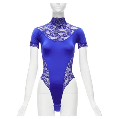 Pre-owned Versace Gianni  Vintage Blue Lace Satin Panels Blue Crystal Body Suit Top