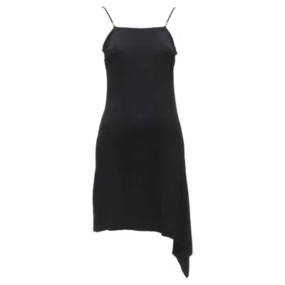 Pre-owned Versace Gianni  Vintage Gold Logo Charm Asymmetric Drape Slip Mini Dress In Black