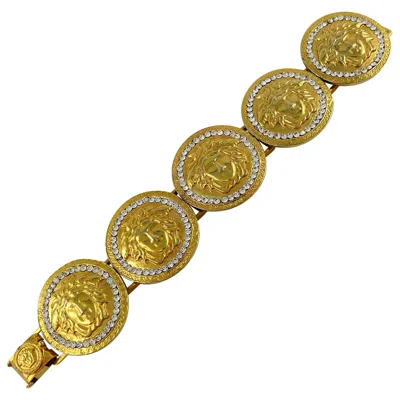 Pre-owned Versace Gianni  Vintage Iconic Gold Toned Medusa Crystal Bracelet In Brown